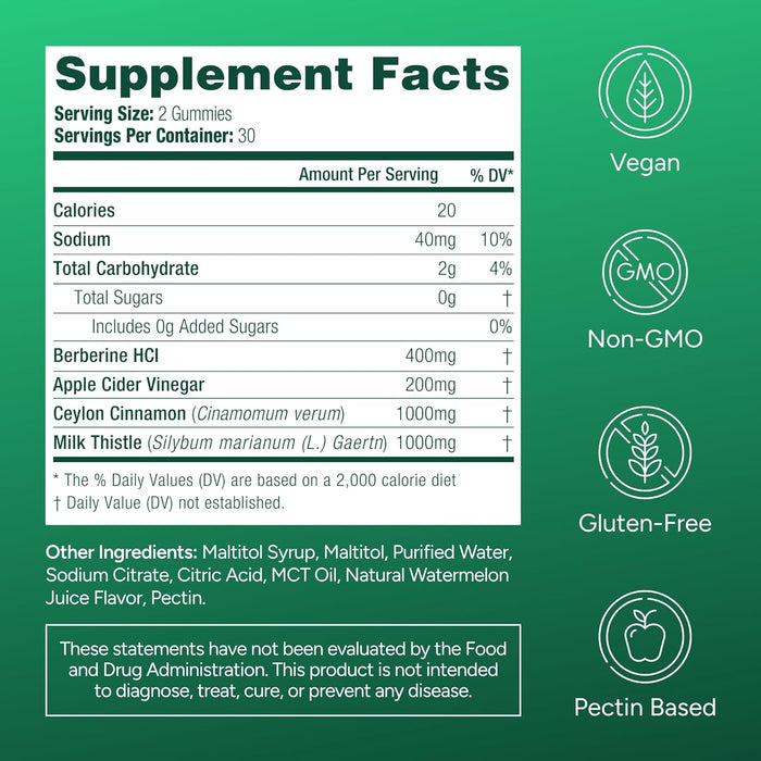 Keto Berberine Gummies (Sugar-Free) with Ceylon Cinnamon, Milk Thistle, ACV