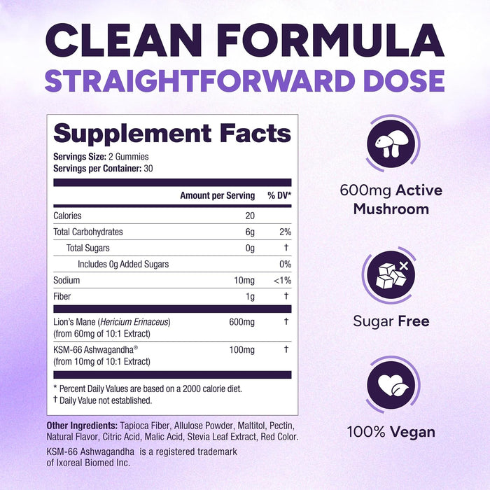 Sugar-Free Lions Mane Gummies for Adults (600mg) Clarity, Focus, Memory & Mood