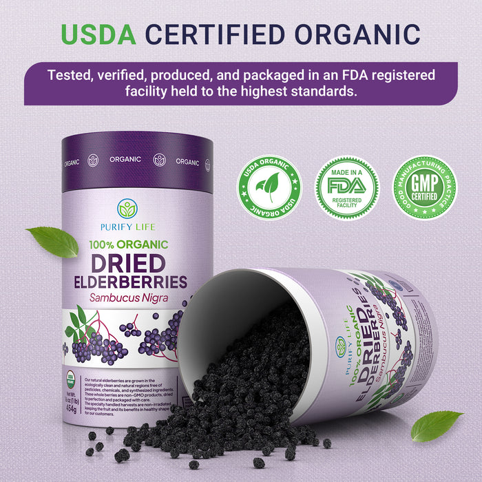 USDA Organic Dried Elderberries with Food-Grade BPA-Free Scoop (Safest Packaging -1lb)