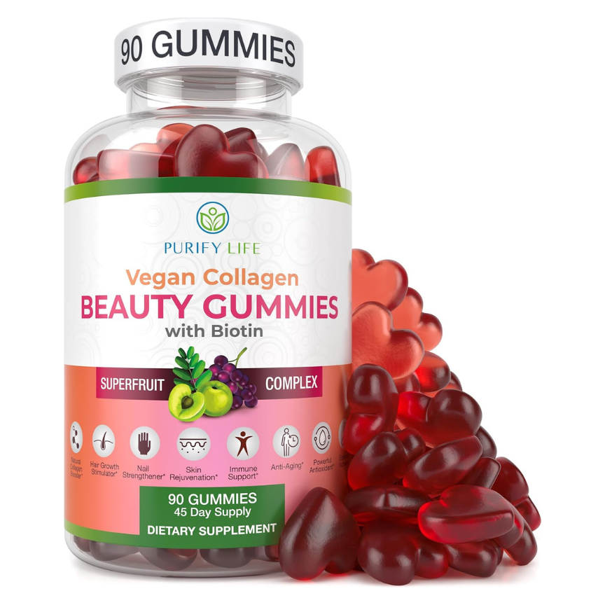 Vegan Collagen Booster Gummies with Biotin Vitamins for Hair Skin and Nails Health, Anti-Aging (90 Chews)