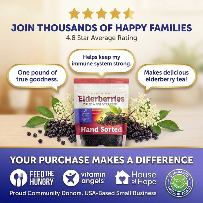 Black Dried Elderberries 1lb, Wildcrafted Elderberry for DIY Syrup & Tea
