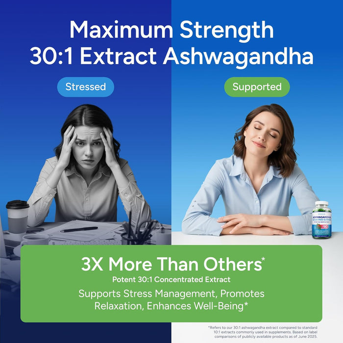 Ashwagandha Gummies for Anxiety & Stress Relief - Vegan Mood Support for Men & Women 90ct