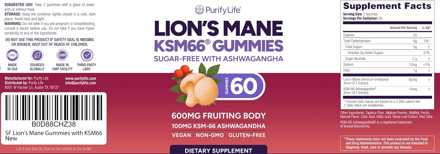 Lions Mane Supplement Gummies with KSM-66 Ashwagandha for Focus Support