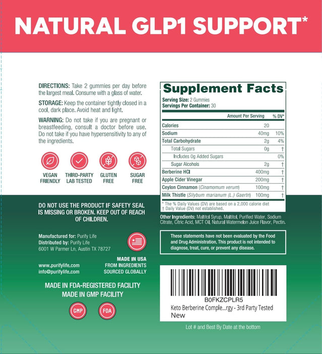 Sugar-Free Berberine Gummies GLP-1 Support Supplement for Digestive Balance
