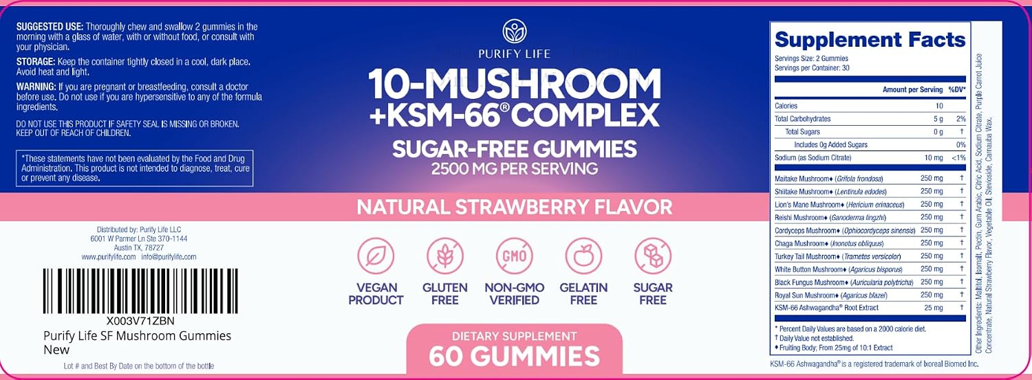 Sugar-Free Mushroom Gummies with KSM 66 Ashwagandha, Natural Stress Support
