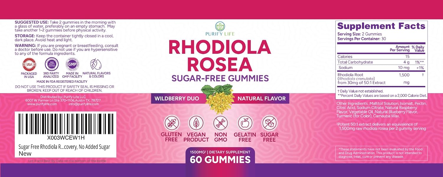 Sugar-Free Rhodiola Rosea Gummies, Adrenal & Cortisol Support, Vegan