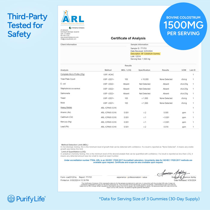 Sugar-Free Colostrum Gummies (1500mg) Bovine Colostrum for Gut and Skin Health, Immune Support
