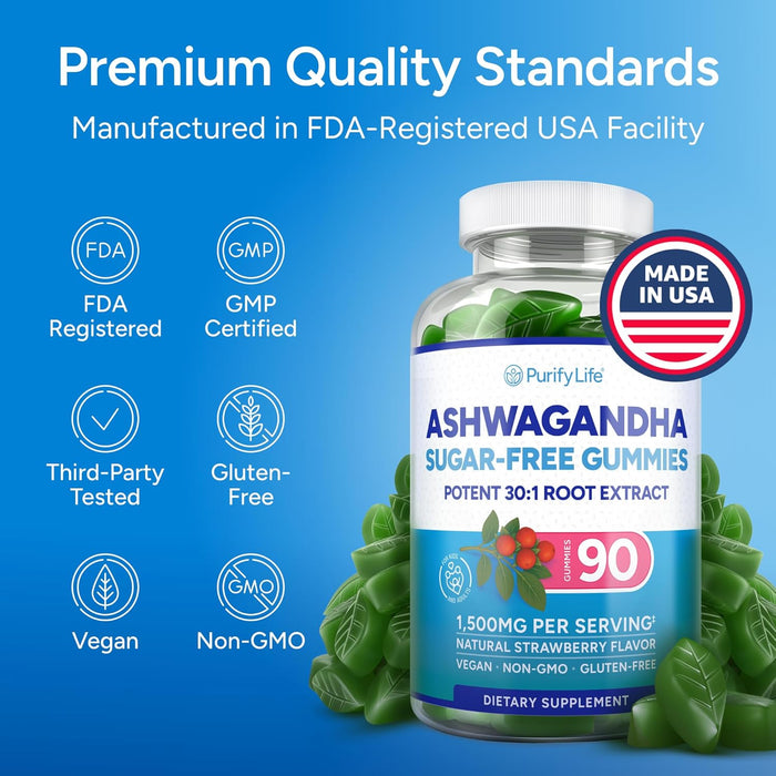 Ashwagandha Gummies for Anxiety & Stress Relief - Vegan Mood Support for Men & Women 90ct