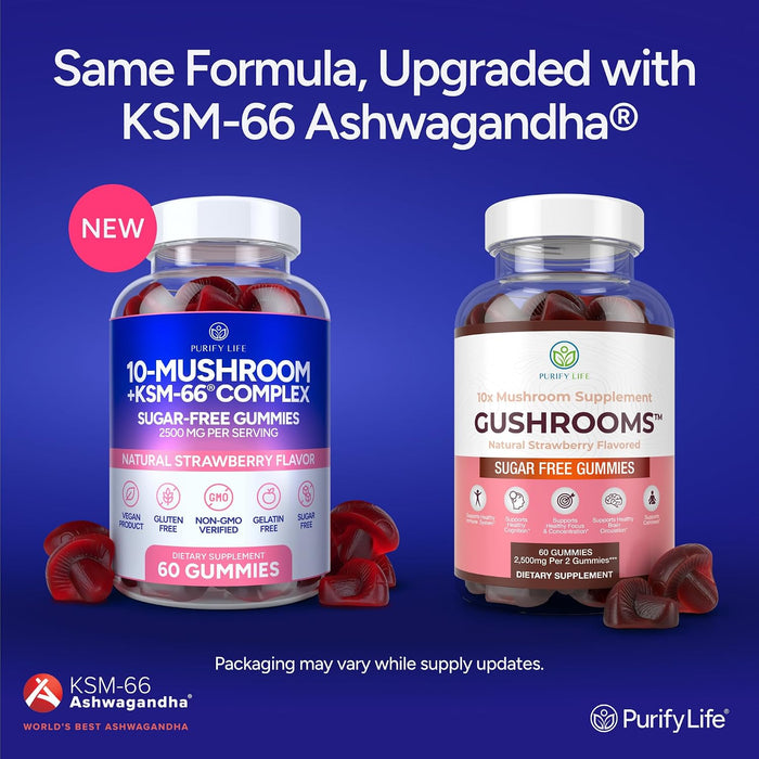 Sugar-Free Mushroom Gummies with KSM 66 Ashwagandha, Natural Stress Support