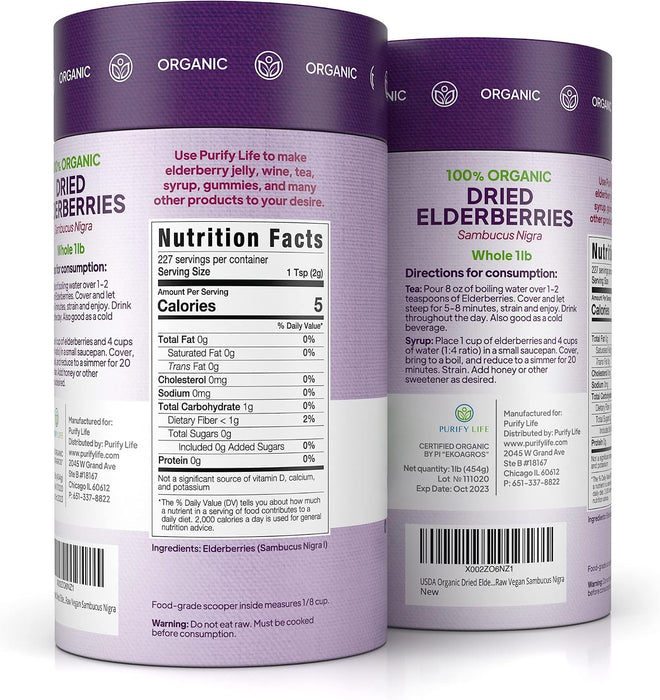 USDA Organic Dried Elderberries 1lb, Black Elderberry Safe Packaging