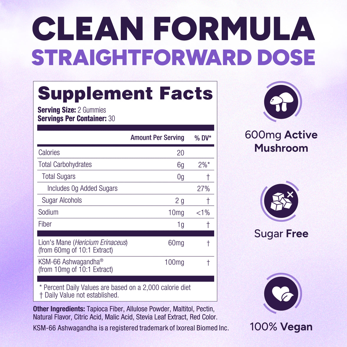 Sugar-Free Lions Mane Gummies for Adults (600mg) Clarity, Focus, Memory & Mood