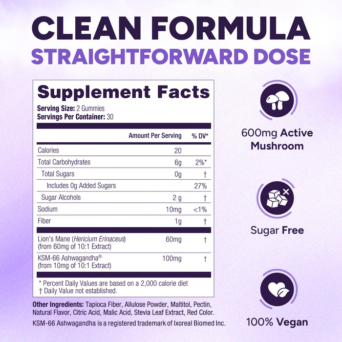 Sugar-Free Lions Mane Gummies for Adults (600mg) Clarity, Focus, Memory & Mood