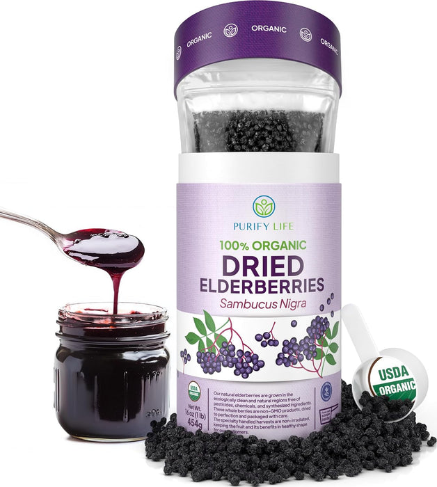 USDA Organic Dried Elderberries with Food-Grade BPA-Free Scoop (Safest Packaging -1lb)