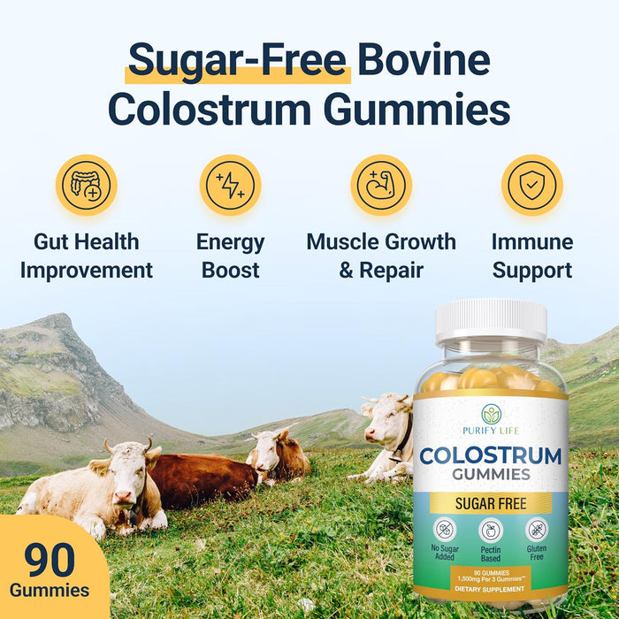 Sugar-Free Colostrum Gummies (1500mg) Bovine Colostrum for Gut and Skin Health, Immune Support