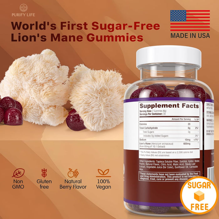 Sugar-Free Lions Mane Gummies for Adults (600mg) Clarity, Focus, Memory & Mood