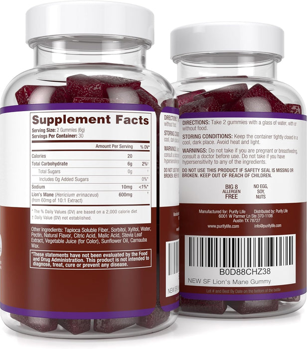 Sugar-Free Lions Mane Gummies for Adults (600mg) Clarity, Focus, Memory & Mood