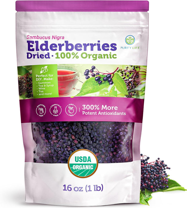 USDA Certified Organic Dried Elderberries - Bulk - 1 lb - Natural Ingredients