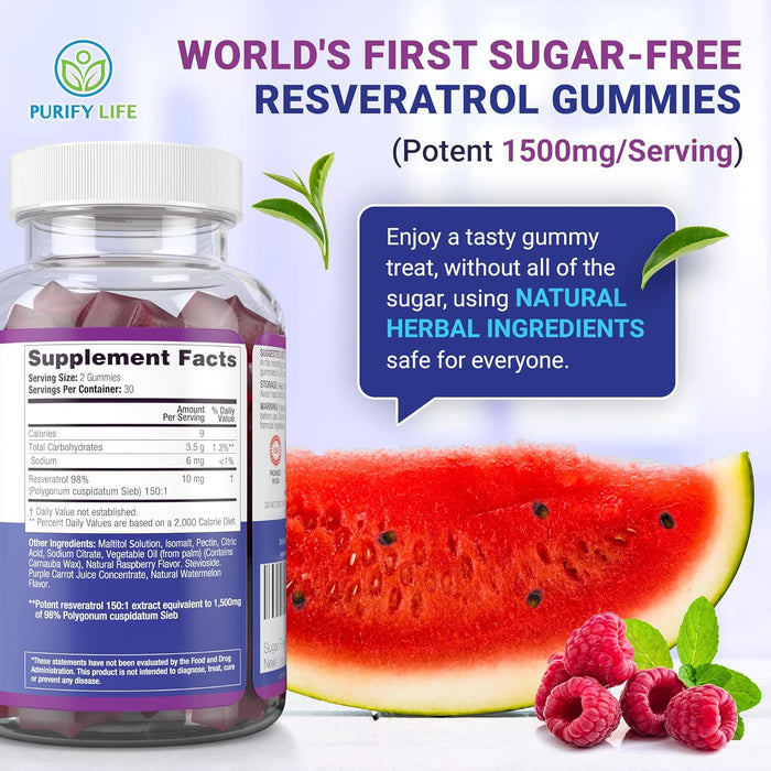 Sugar Free Resveratrol Gummies 1,500mg/Serving - Anti-Aging Chews