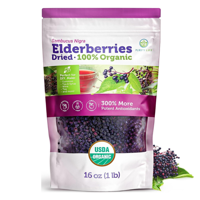 USDA Organic Dried Elderberries 1lb, Whole Black Elderberry Bulk