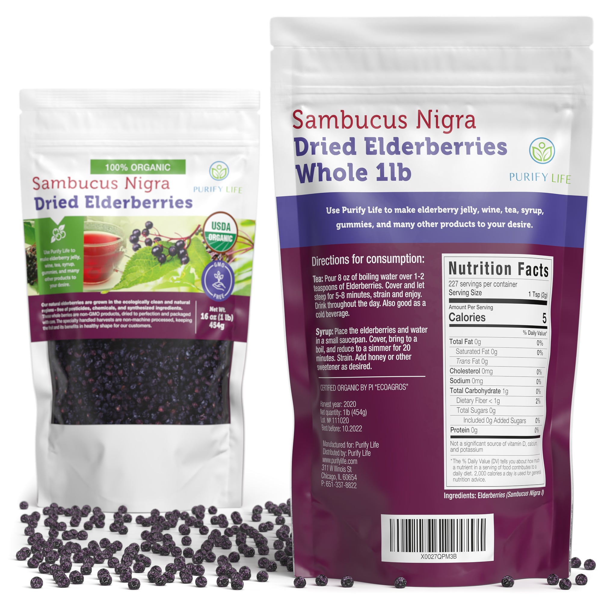 USDA Certified Organic Dried Elderberries Bulk 1 lb Natural Ingr