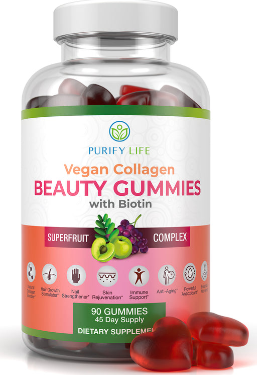 Vegan Collagen Booster Gummies with Biotin Vitamins for Hair Skin and Nails Health, Anti-Aging (90 Chews)