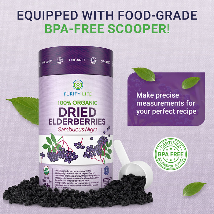 USDA Organic Dried Elderberries with Food-Grade BPA-Free Scoop (Safest Packaging -1lb)